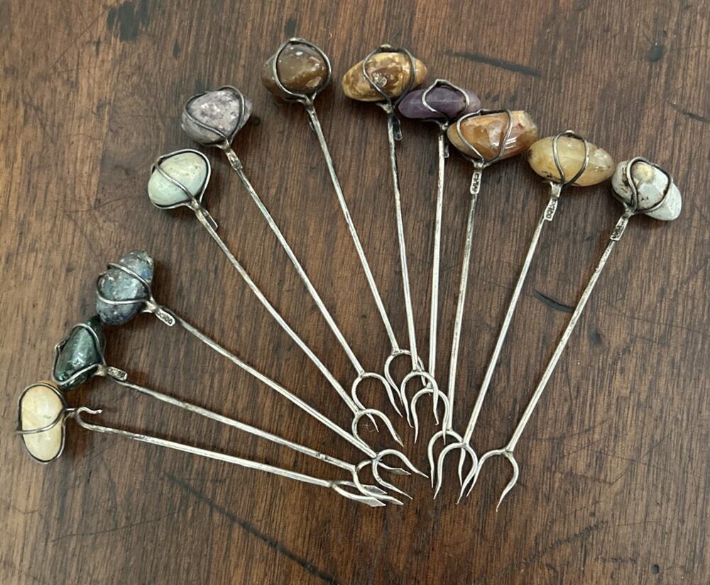 Vintage MCM Sterling Silver Gemstone Cocktail Picks Set 11 Mexico 3.5” Barware